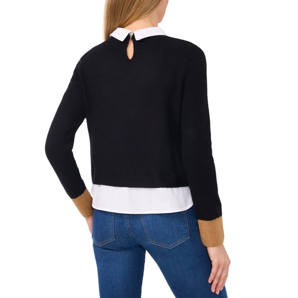 NEW CECE Black & White TWO-FER Collared LAYERED Pocket Detail SWEATER TOP XS - Picture 10 of 10